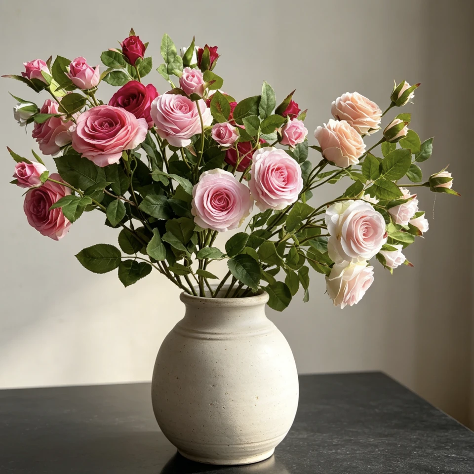 Pink and cream artificial rose sprays arranged in a pale vase