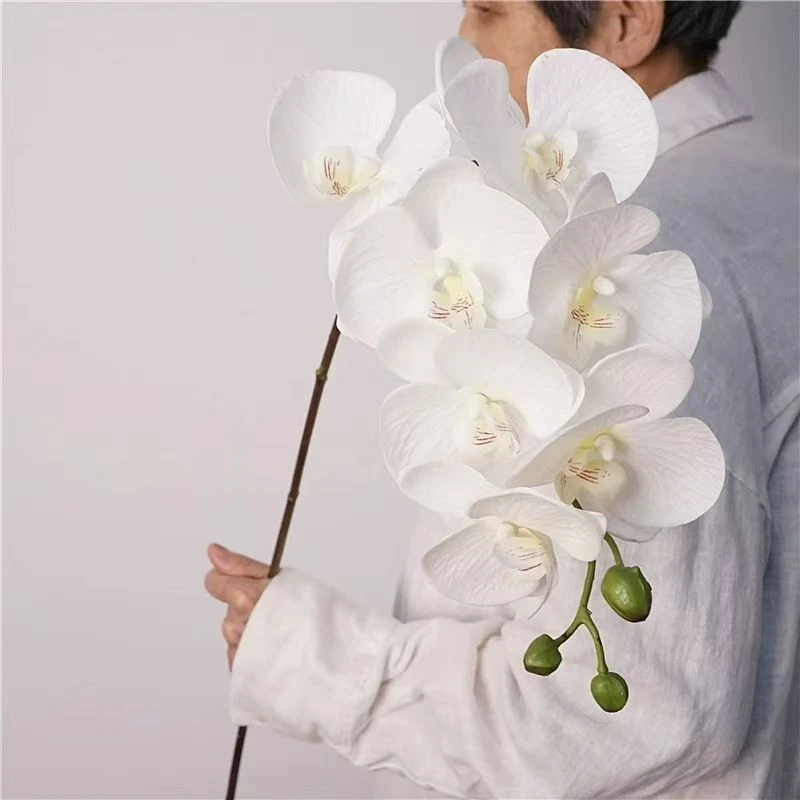 White artificial orchid spray held upright for a product display