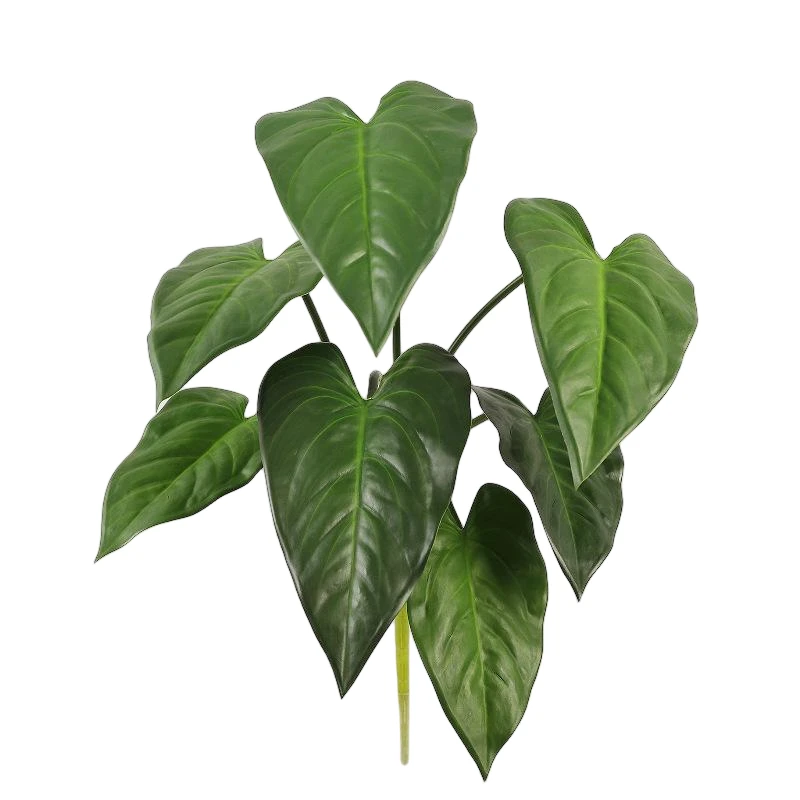 Green artificial pointed broad leaves arranged on a branching stem