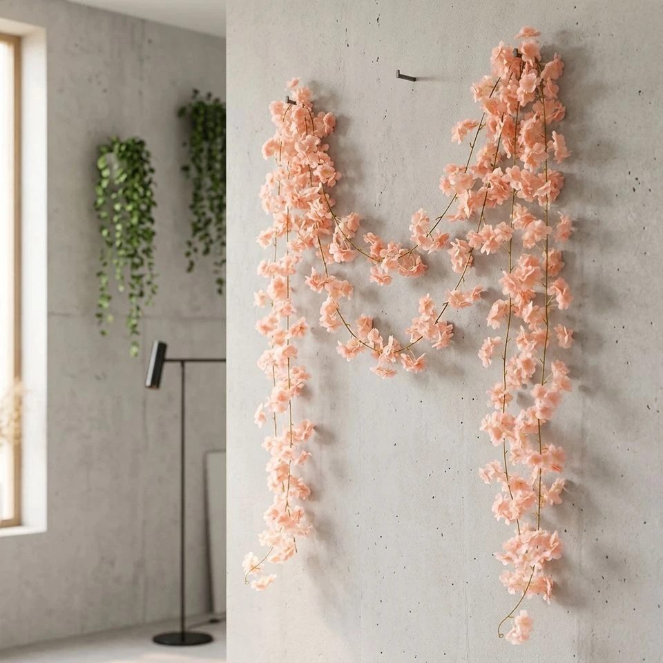 Peach-pink artificial blossom vines draped on a pale wall