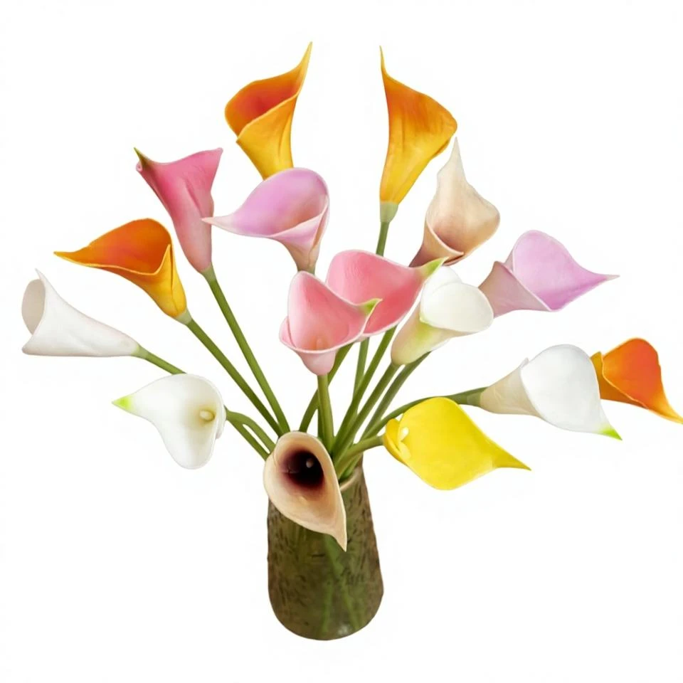 White, pink, purple and yellow artificial calla lilies displayed in a small green container