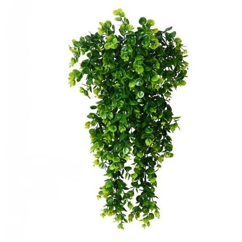 Dense trailing artificial green foliage hanging against a pale background