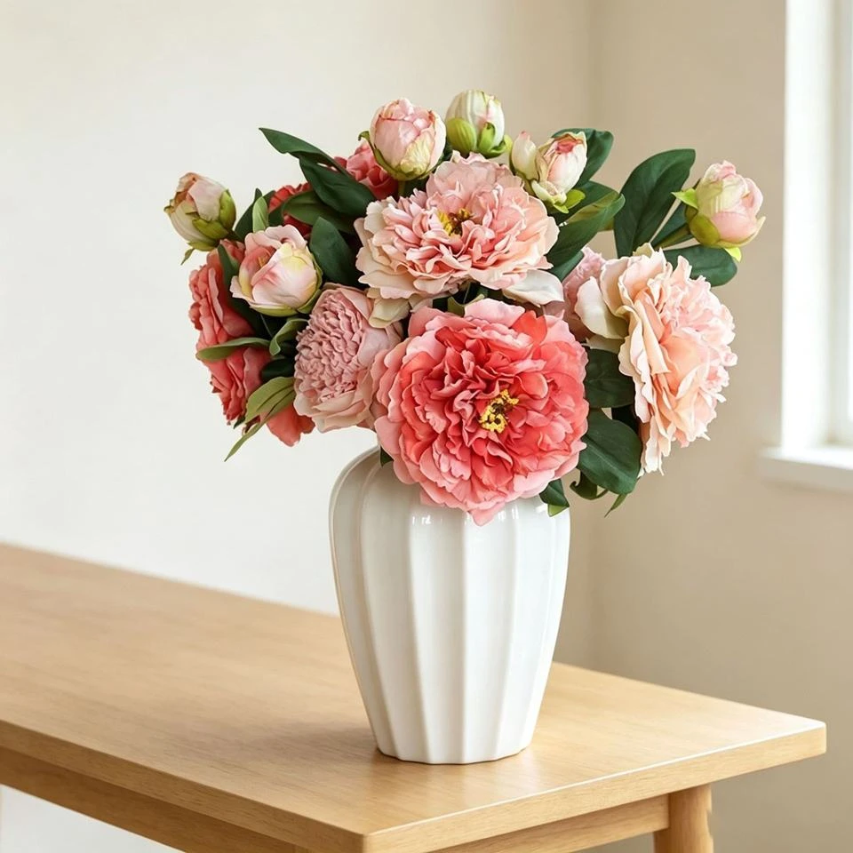 Pink and cream artificial peonies arranged in a white vase on a wooden table